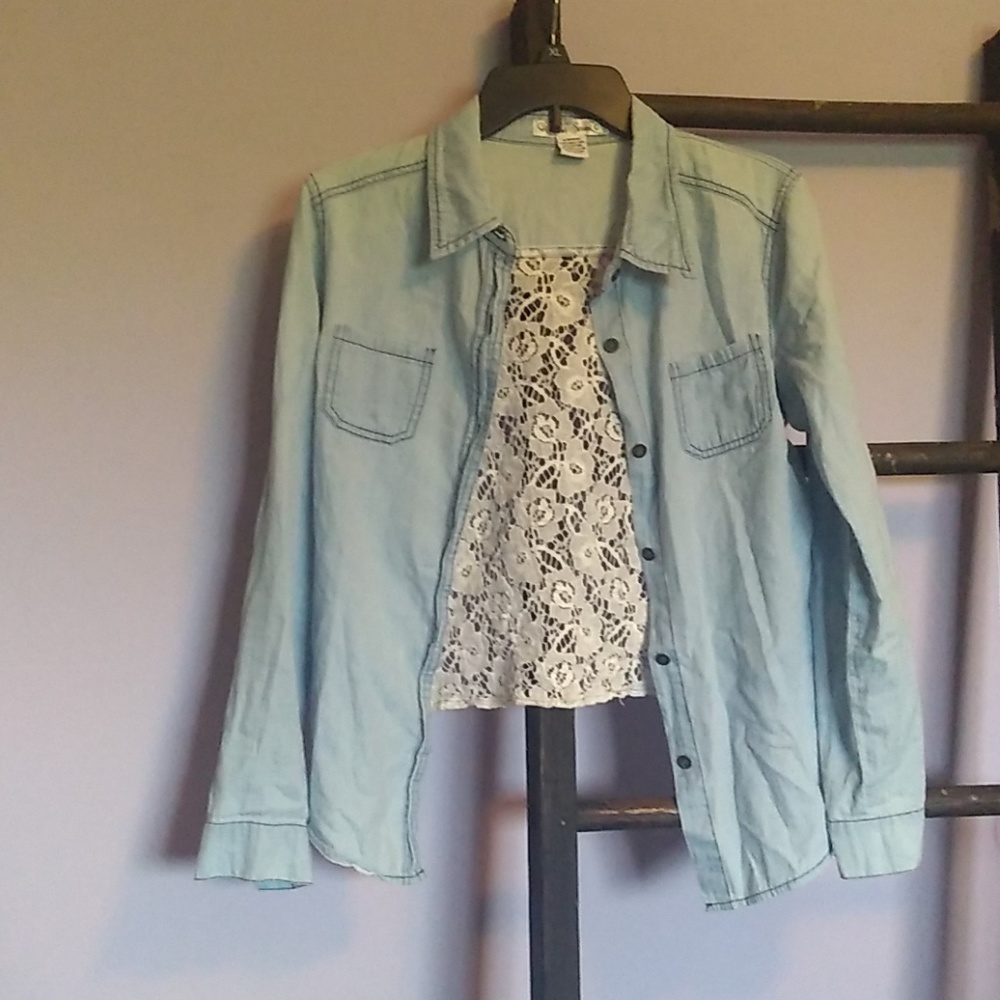 Lace back faux denim button up